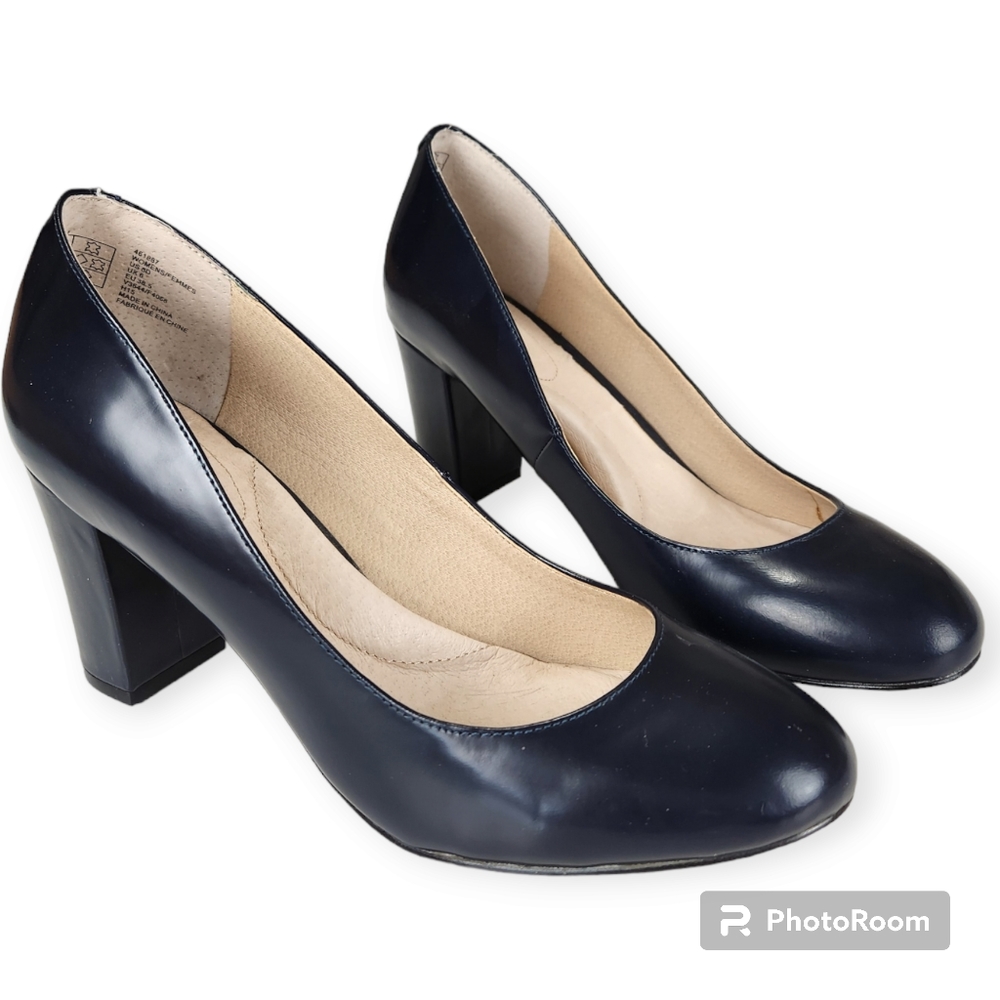 Lands End Minnie Navy Blue Pin Up Career Block Heels size 8D (Wide)